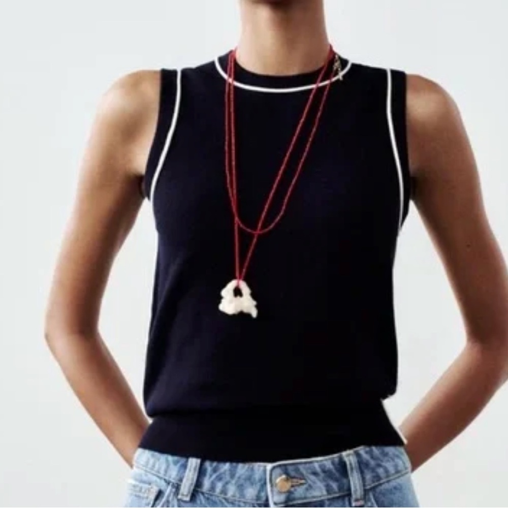Zara Basic Knit Top With Contrasting Piping In Navy Blue Size XL NWT‎